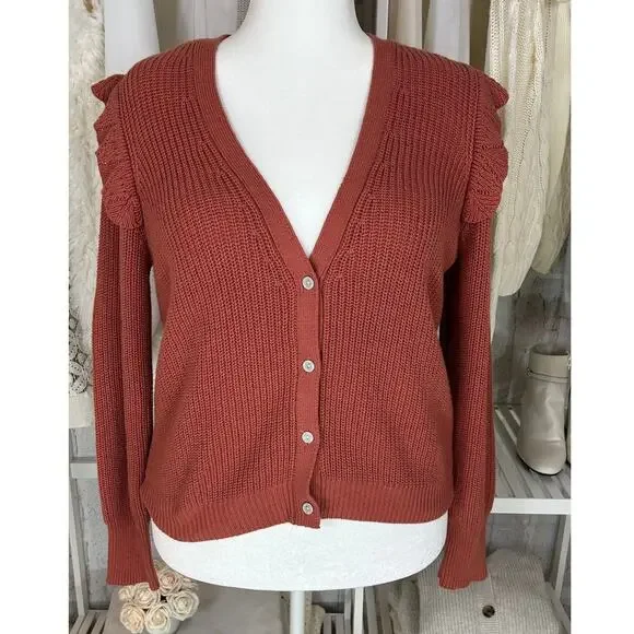 Marled Reunited Clothing Women's Sz L Mauve Ruffle Shoulder Cardigan #0378 - Picture 1 of 11